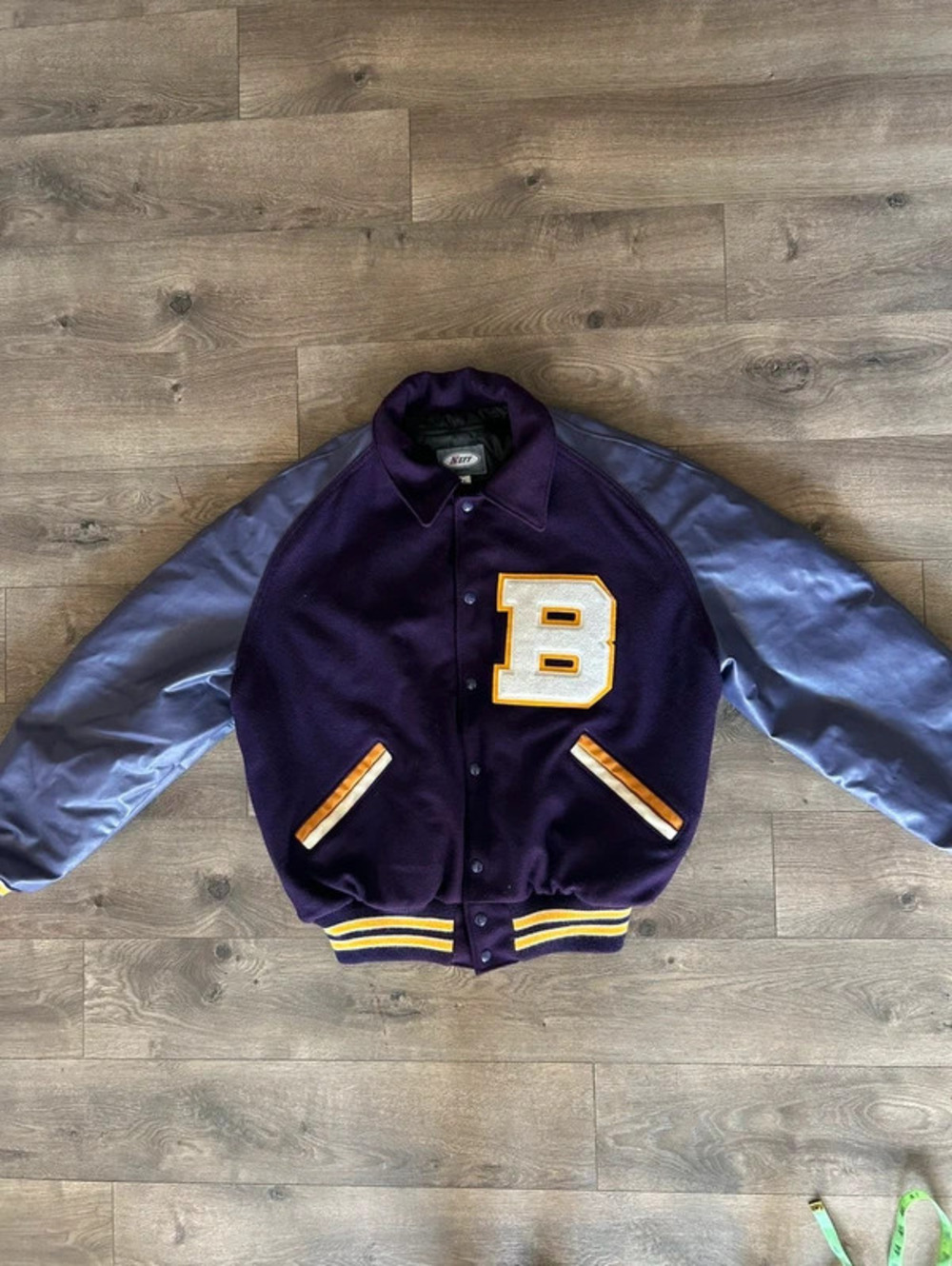 neff XL purple wool varsity letterman jacket with leather sleeves
